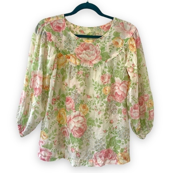 Vintage Pink Cream Floral Cotton Muslin Midi Skirt & 3/4 Sleeve Blouse Set - Picture 12 of 16